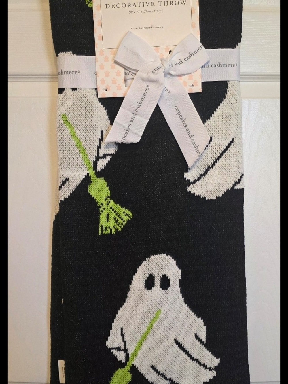 cupcakes & cashmere Black, White & Neon Green Halloween Ghost Throw